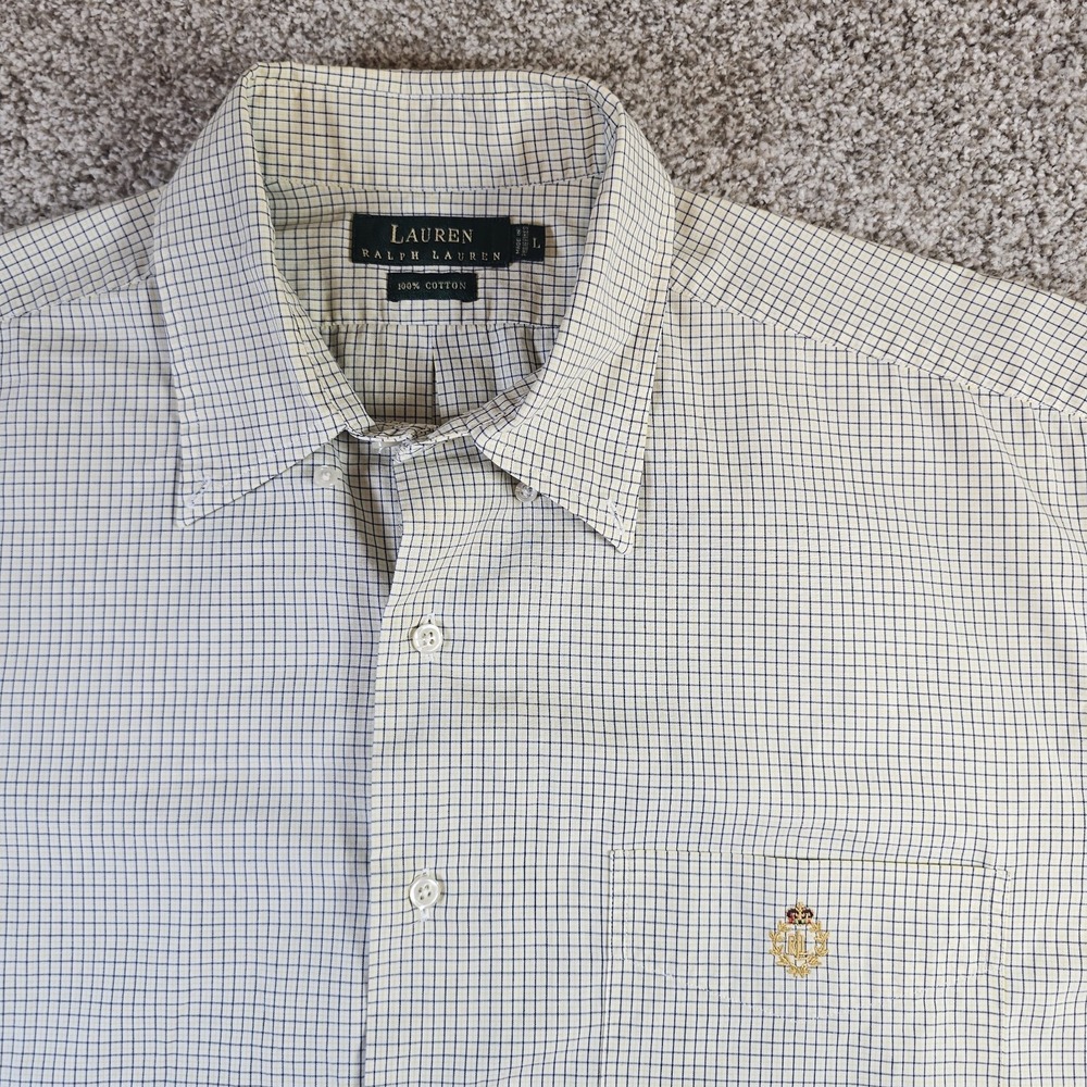 Lauren Ralph Lauren Mens L Short Sleeve Shirt Yellow Plaid Crown Logo 100%Cotton